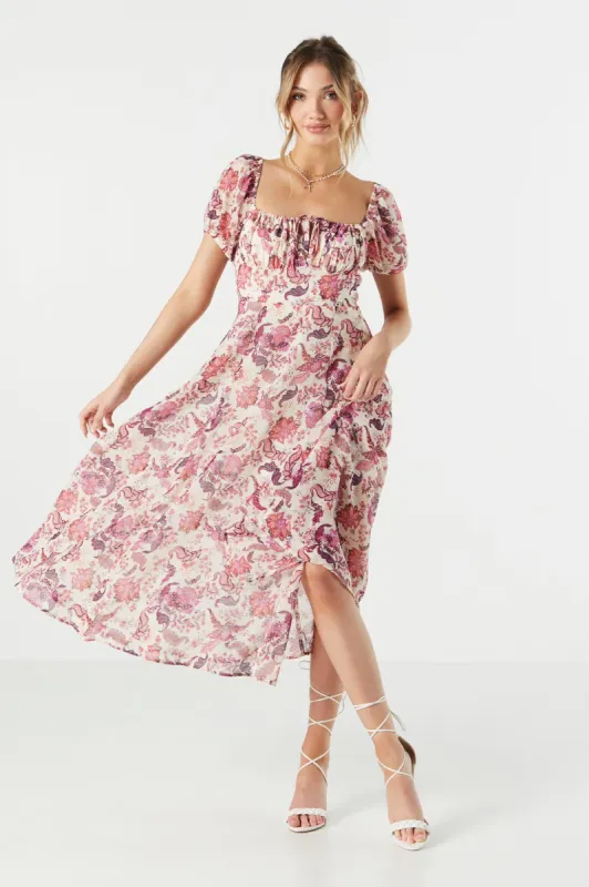 White Floral Chiffon Milkmaid Midi Dress sold by Urban Planet