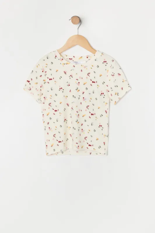 T-shirt ras du cou côtelé ultracourt imprimé pour fille sold by Urban Planet