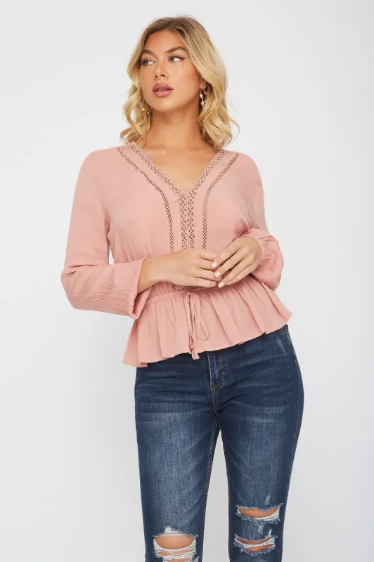 Crochet Trim Long Sleeve Peplum Blouse sold by Urban Planet