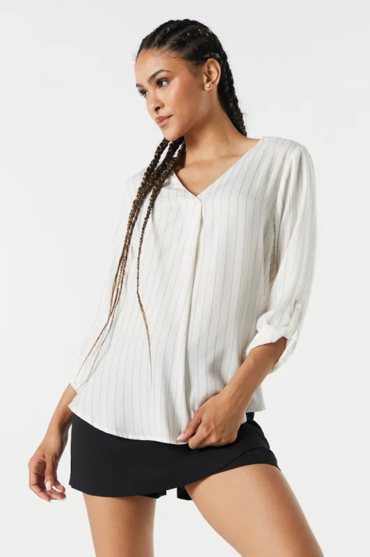 Pinstriped Satin V-Neck Blouse sold by Urban Planet