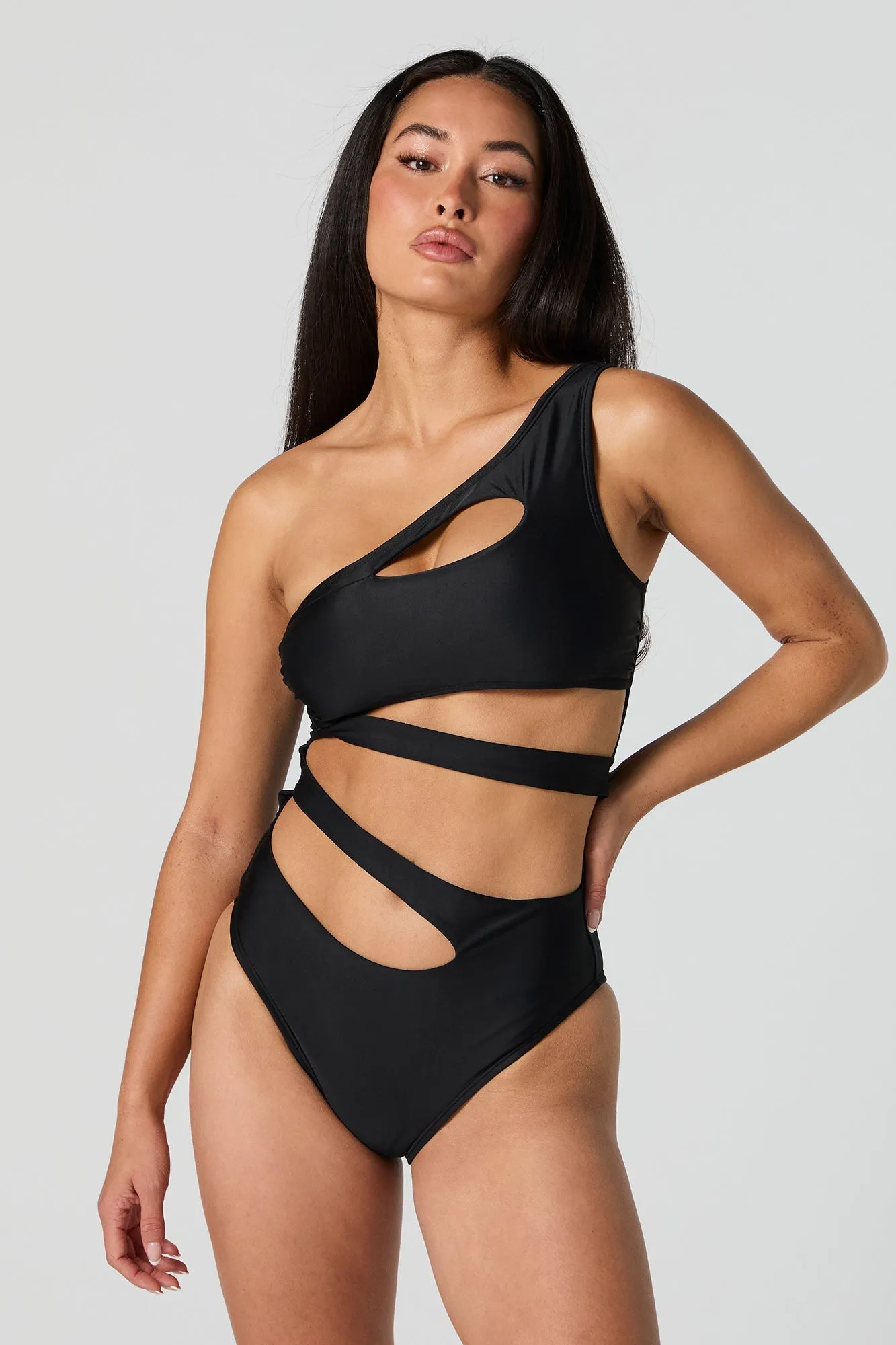 Black Cut Out One Piece Swimsuit sold by Urban Planet