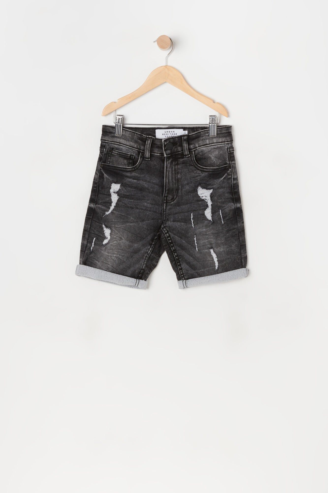 Boys Black Wash Eco-Friendly Distressed Denim Short sold by Urban Planet