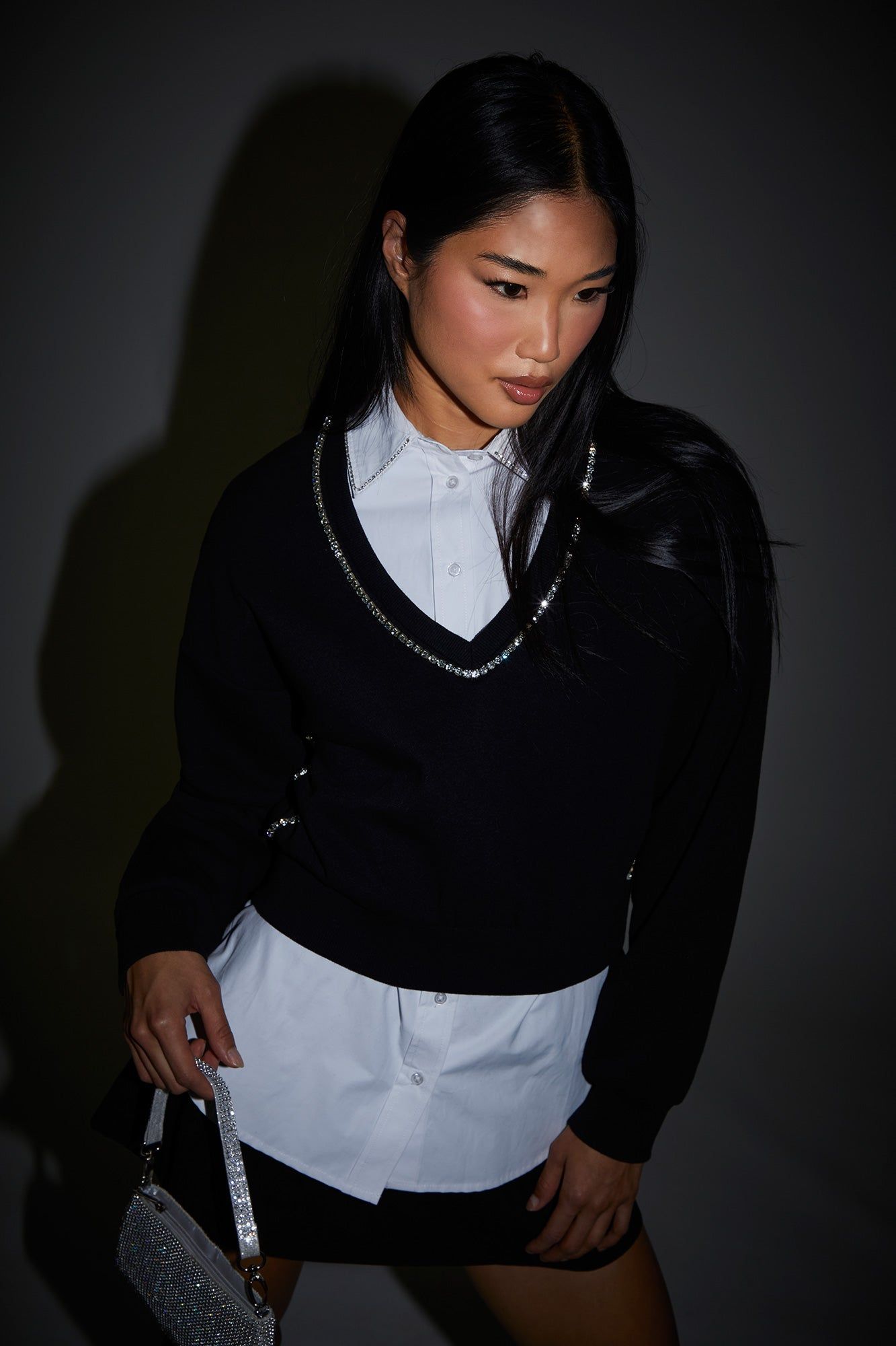 Rhinestone Trim V-Neck Cropped Sweatshirt sold by Urban Planet