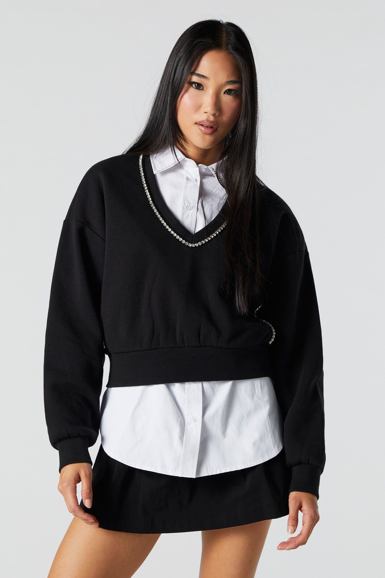 Rhinestone Trim V-Neck Cropped Sweatshirt sold by Urban Planet product image thumbnail 2