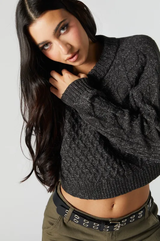 Black Cable Knit Cropped Sweater sold by Urban Planet