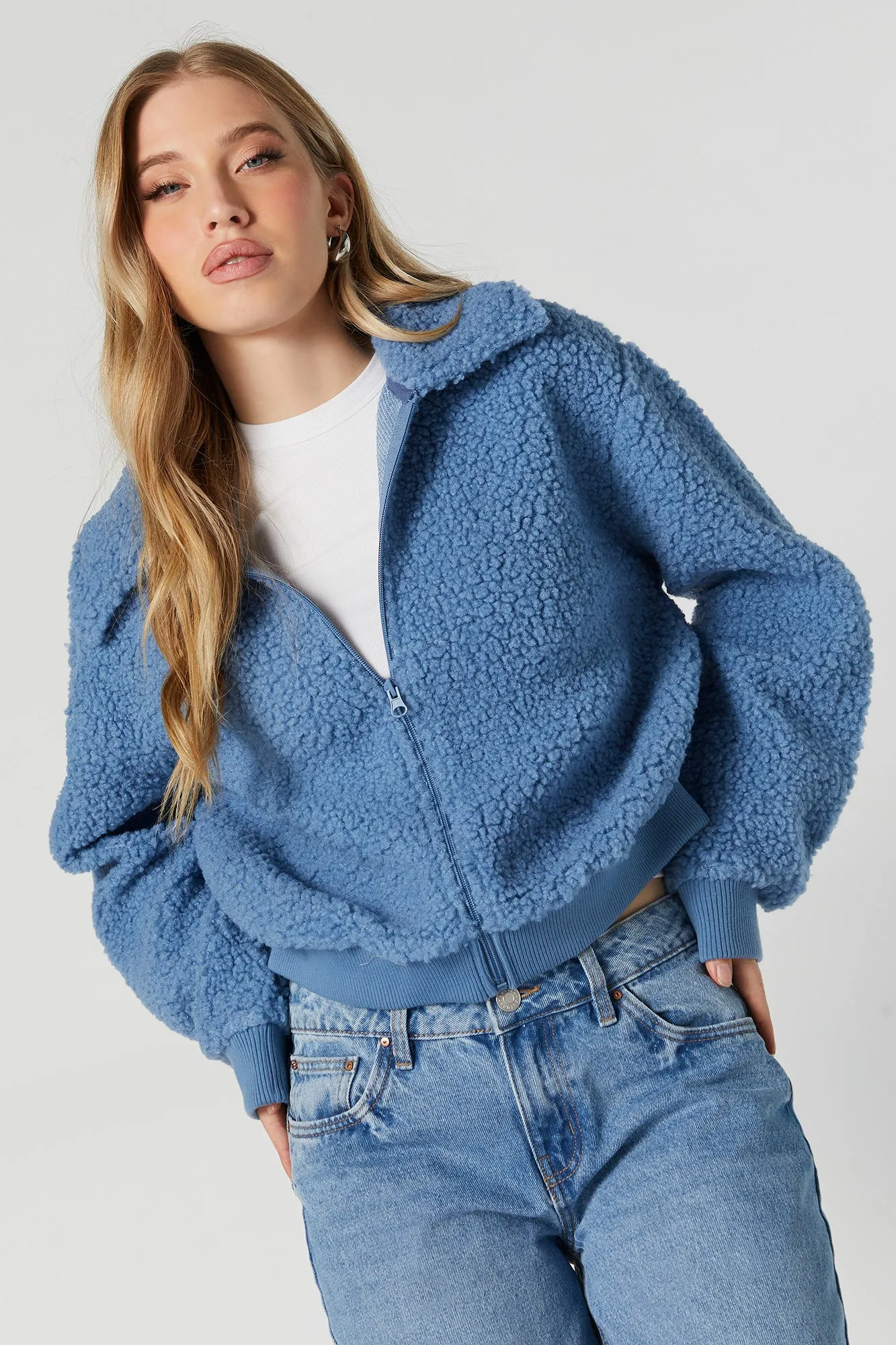 Sherpa Collared Zip-Up Jacket sold by Urban Planet