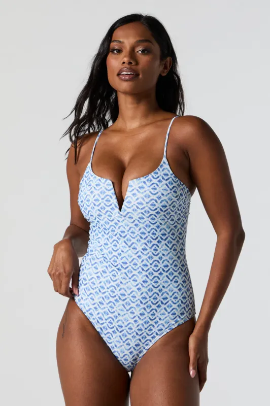 Tile Print V-Notch One Piece Swimsuit sold by Urban Planet