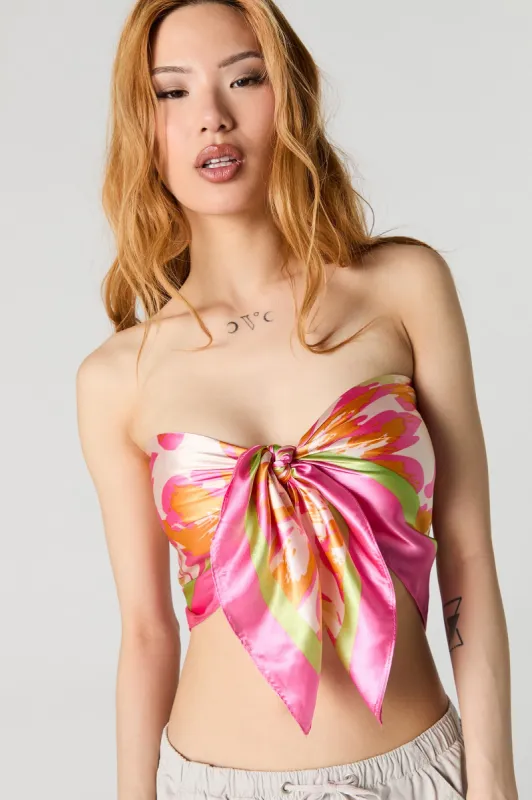 Pink Tropical Floral Print Satin Multiway Scarf sold by Urban Planet