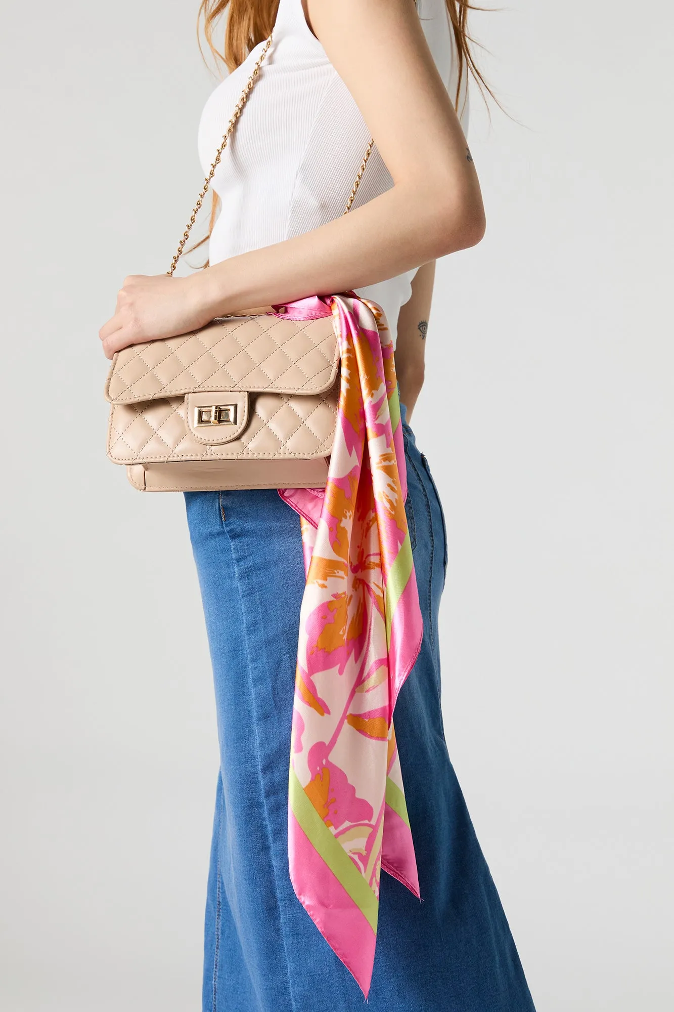 Pink Tropical Floral Print Satin Multiway Scarf sold by Urban Planet product image thumbnail 3