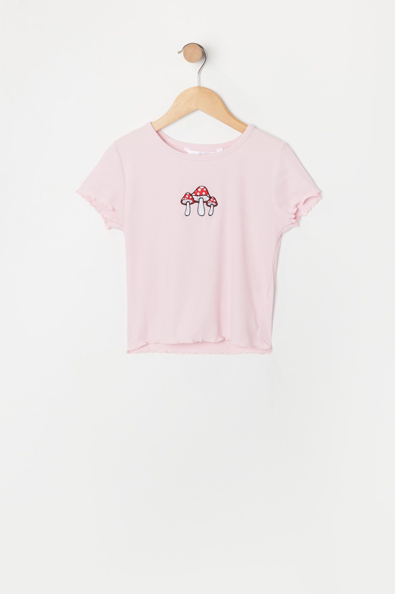 Girls Lettuce Trim Mushroom Embroidered T-Shirt sold by Urban Planet