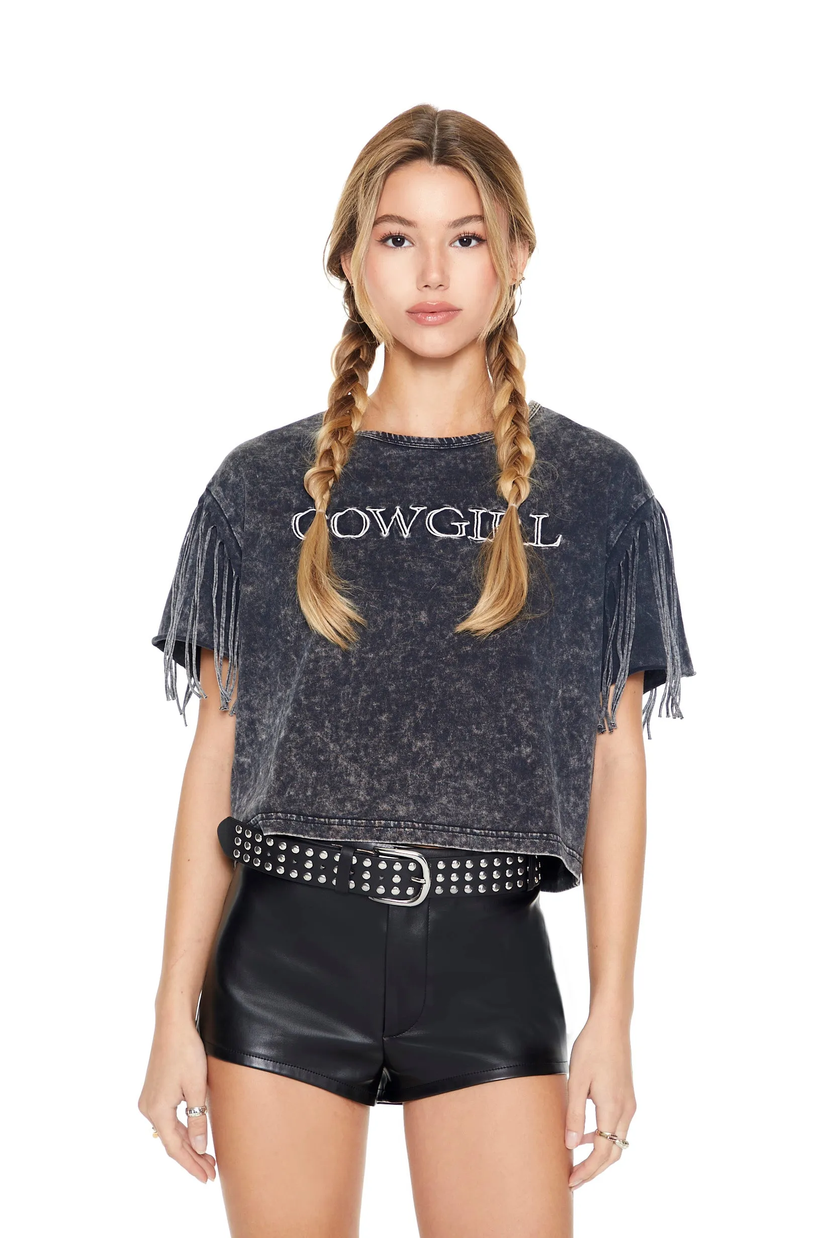Cowgirl Graphic Washed Fringe Sleeve T-Shirt sold by Urban Planet