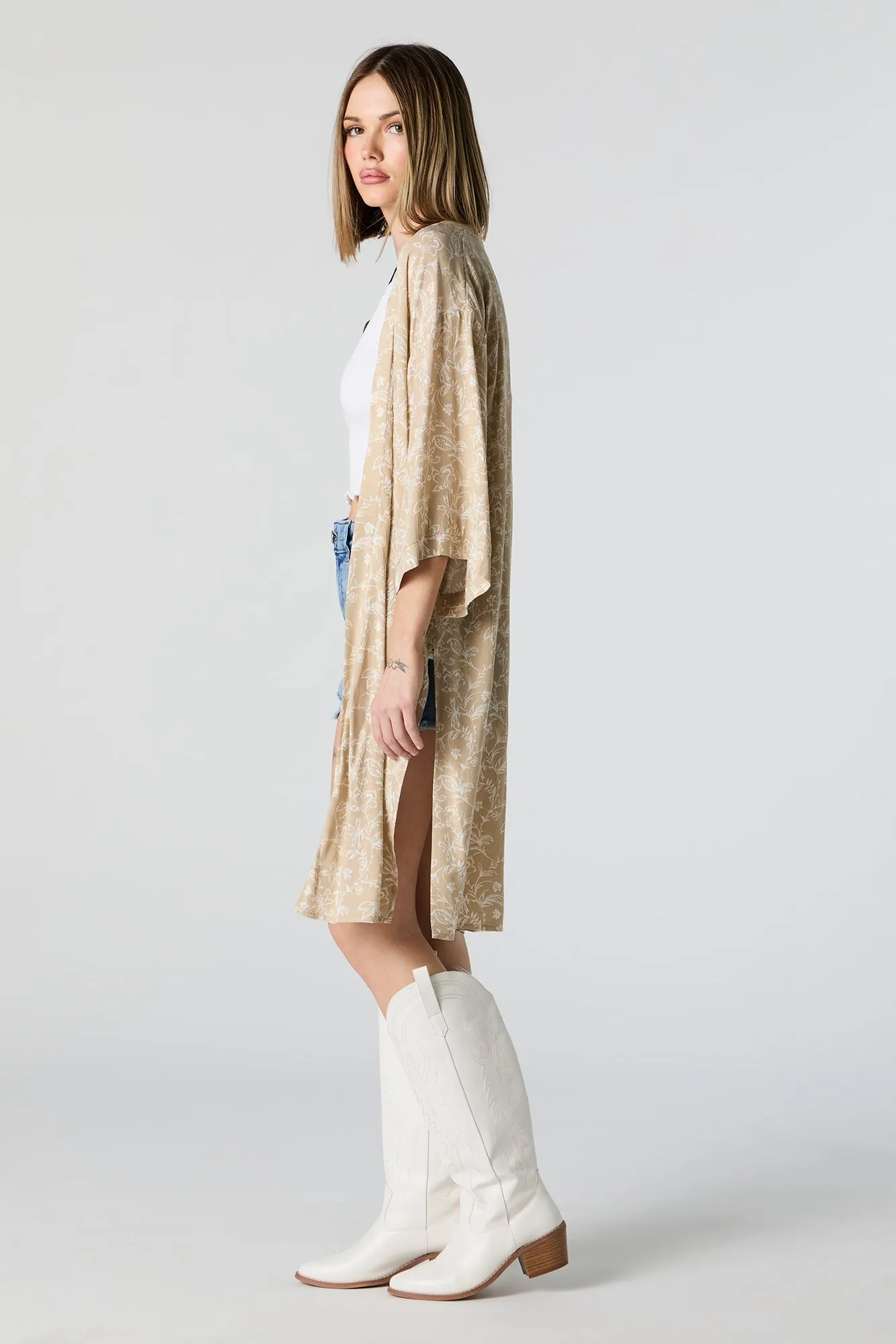 Tan Floral Print Open Front Kimono sold by Urban Planet product image thumbnail 2