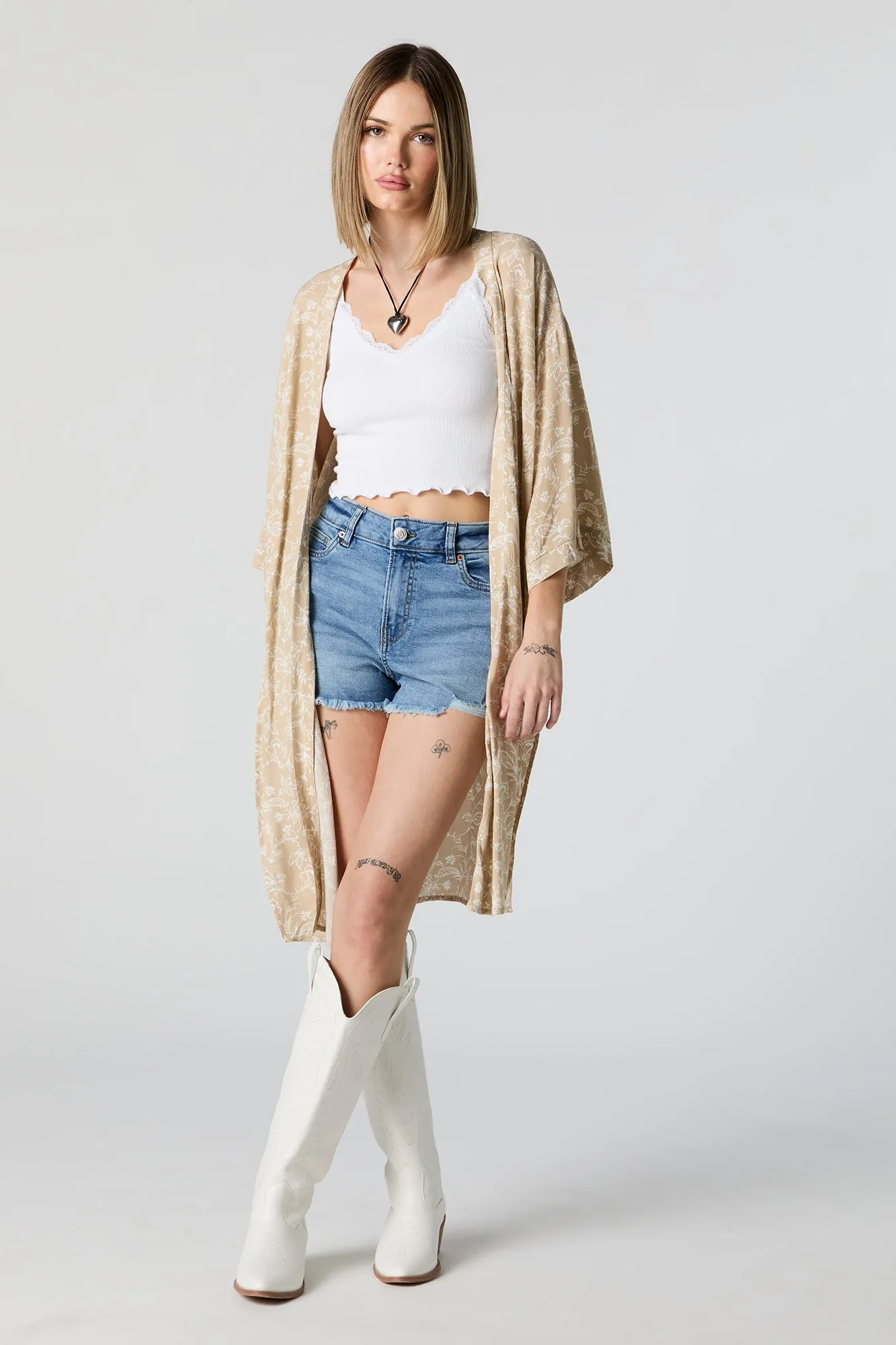 Tan Floral Print Open Front Kimono sold by Urban Planet