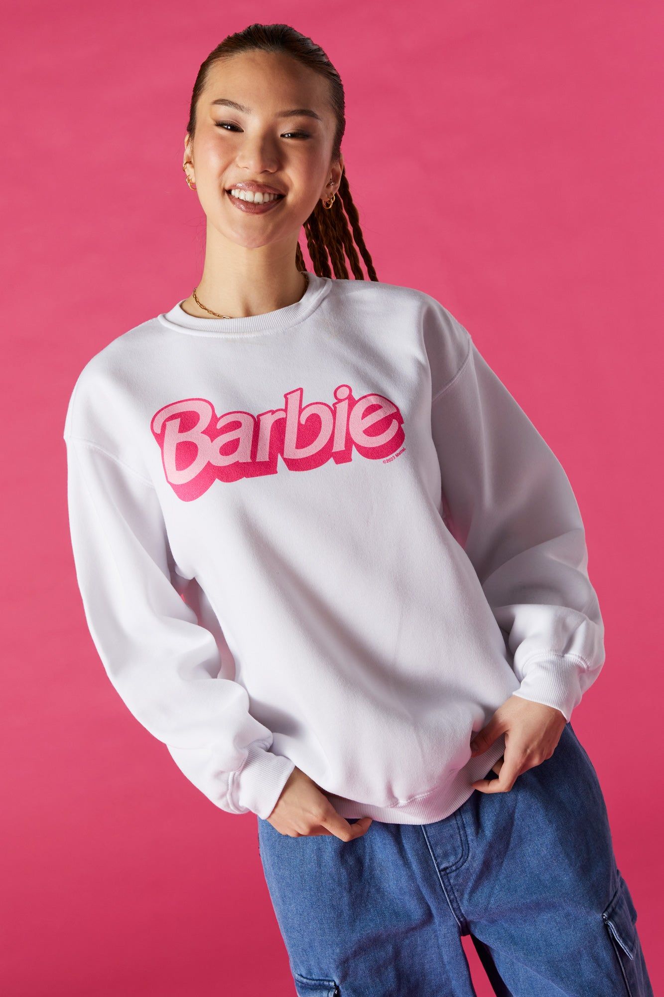 Barbie™ White Graphic Fleece Sweatshirt sold by Urban Planet