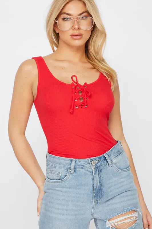 Ribbed Lace-Up Sleeveless Bodysuit sold by Urban Planet