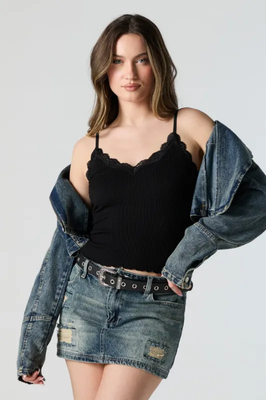 Ribbed V-Neck Lace Trim Cami sold by Urban Planet