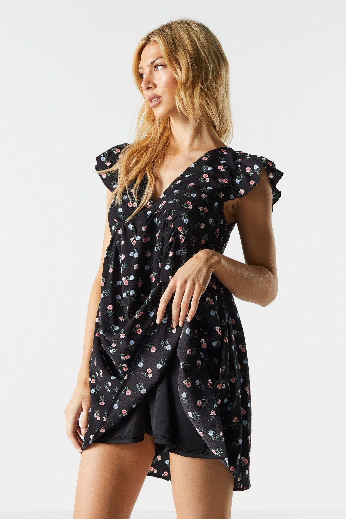 Black Floral V-Neck Babydoll Dress sold by Urban Planet product image thumbnail 4