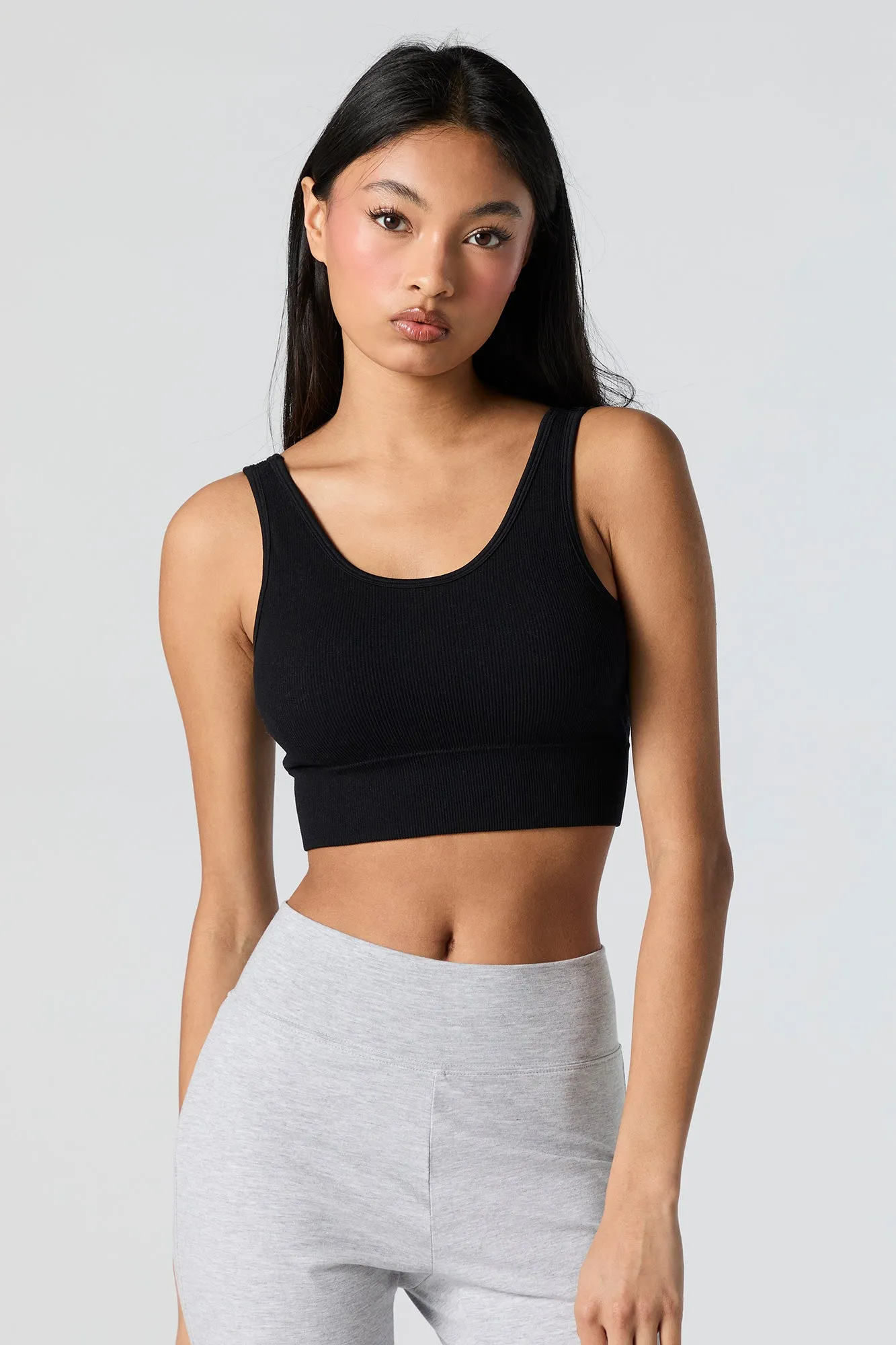 Seamless Ribbed Scoop Neck Cropped Tank with Built-in Cups sold by Urban Planet product image thumbnail 4