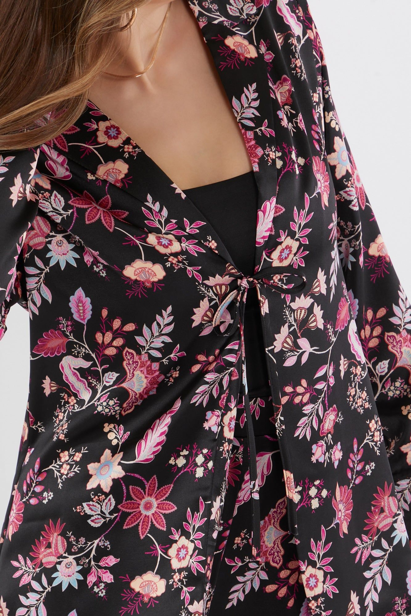 Black Floral Satin Tie Front Blazer sold by Urban Planet product image thumbnail 5