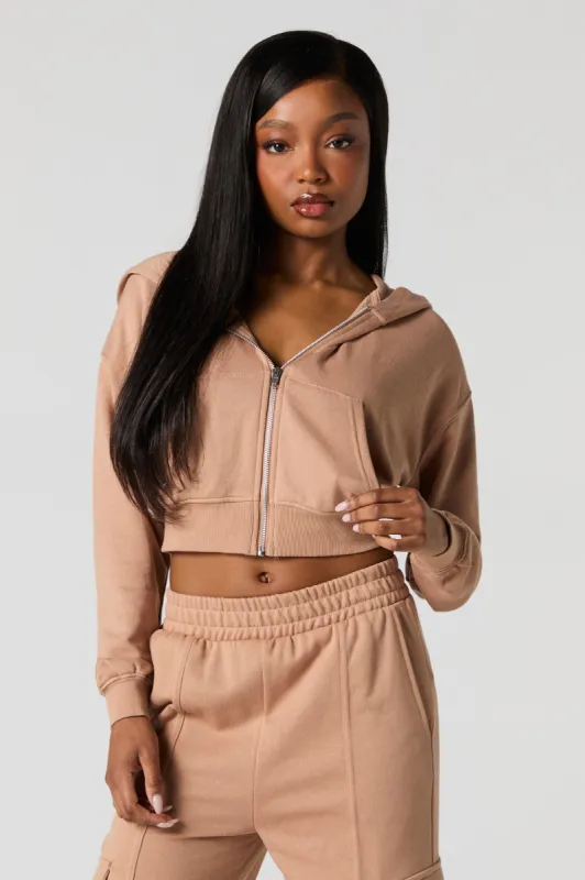 Solid Fleece Zip-Up Cropped Hoodie sold by Urban Planet