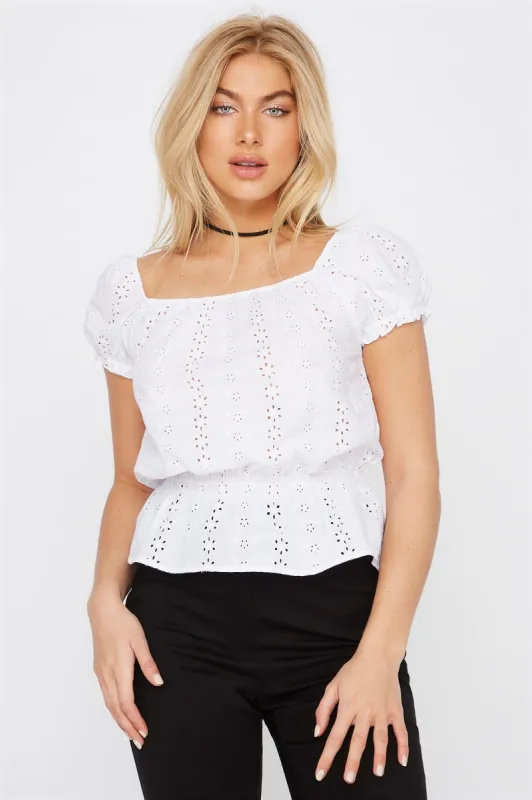 Eyelet Puff Sleeve Peplum Blouse sold by Urban Planet