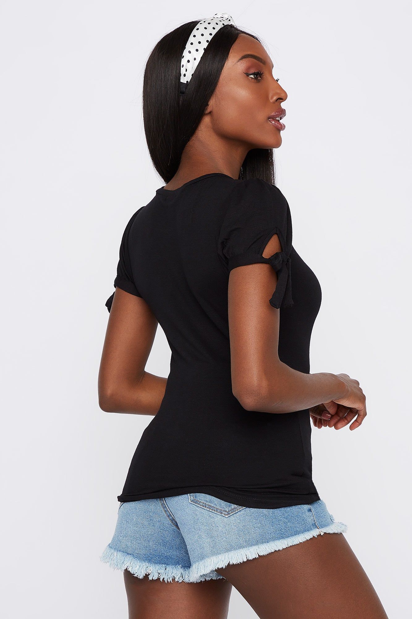 Scoop Neck Self-Tie Puff Sleeve T-Shirt sold by Urban Planet product image thumbnail 4
