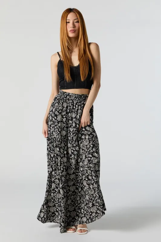 Black Floral High Rise Tiered Maxi Skirt sold by Urban Planet