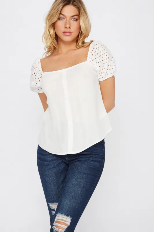 Eyelet Puff Sleeve Button Blouse sold by Urban Planet