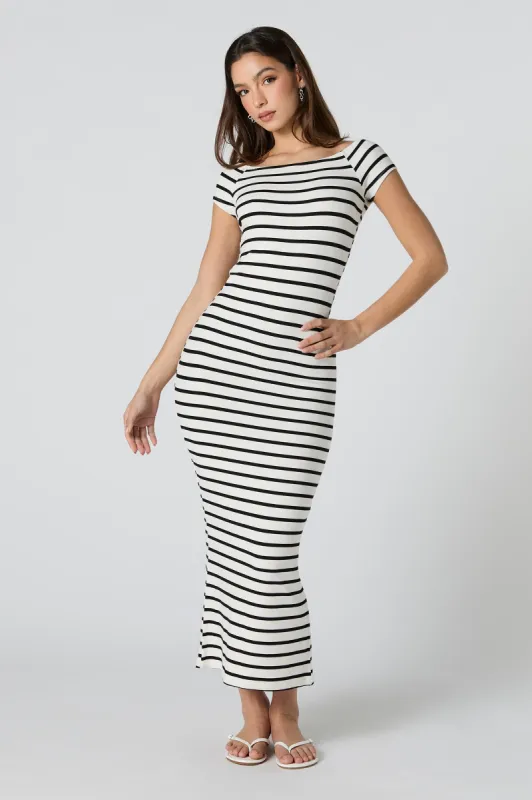 Striped Ribbed Off Shoulder Maxi Dress sold by Urban Planet