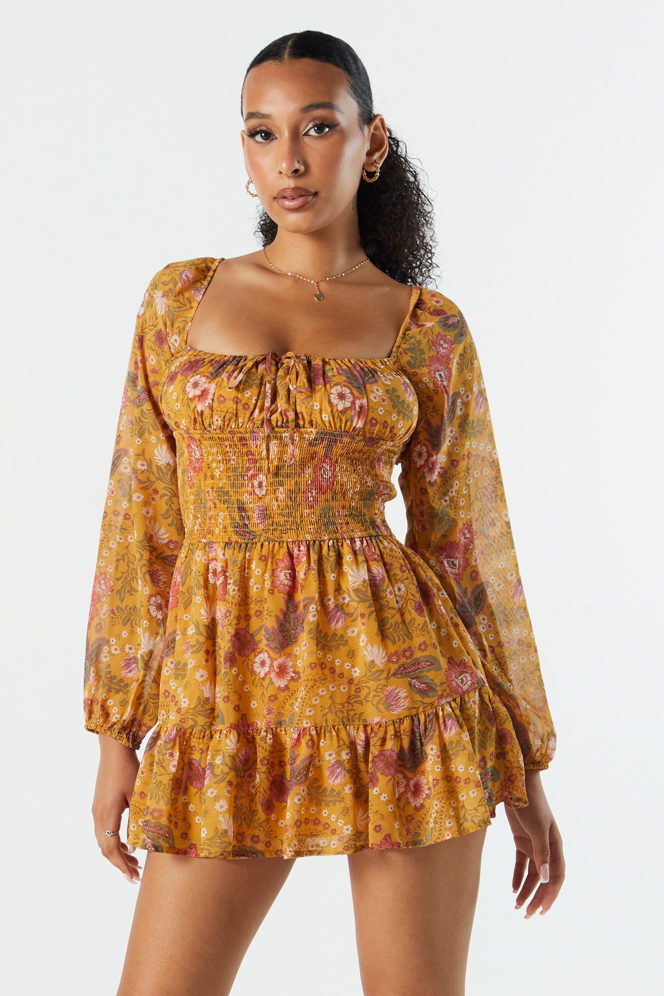 Floral Chiffon Milkmaid Long Sleeve Dress sold by Urban Planet