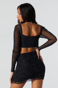 Black Sparkle Long Sleeve Bustier Crop Top sold by Urban Planet