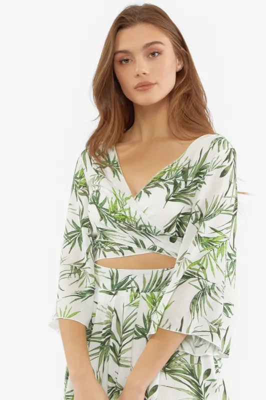 Leaf Print Tie-Up Flowy Long Sleeve Crop Top sold by Urban Planet