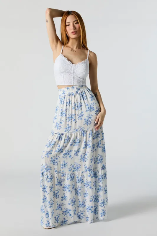 White Floral High Rise Tiered Maxi Skirt sold by Urban Planet