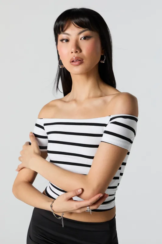 Striped Ribbed Off Shoulder Top sold by Urban Planet