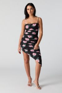 Black Floral Mesh Asymmetrical Midi Dress sold by Urban Planet