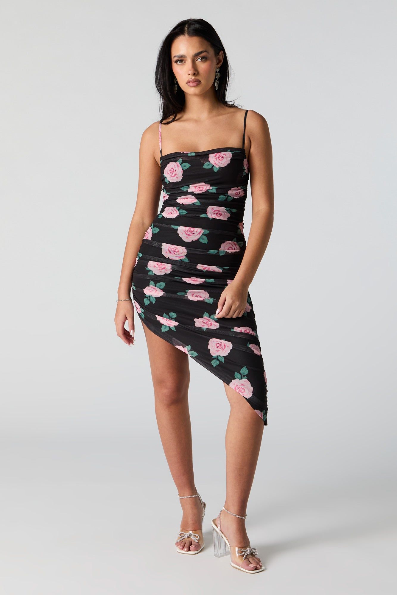 Black Floral Mesh Asymmetrical Midi Dress sold by Urban Planet product image thumbnail 3