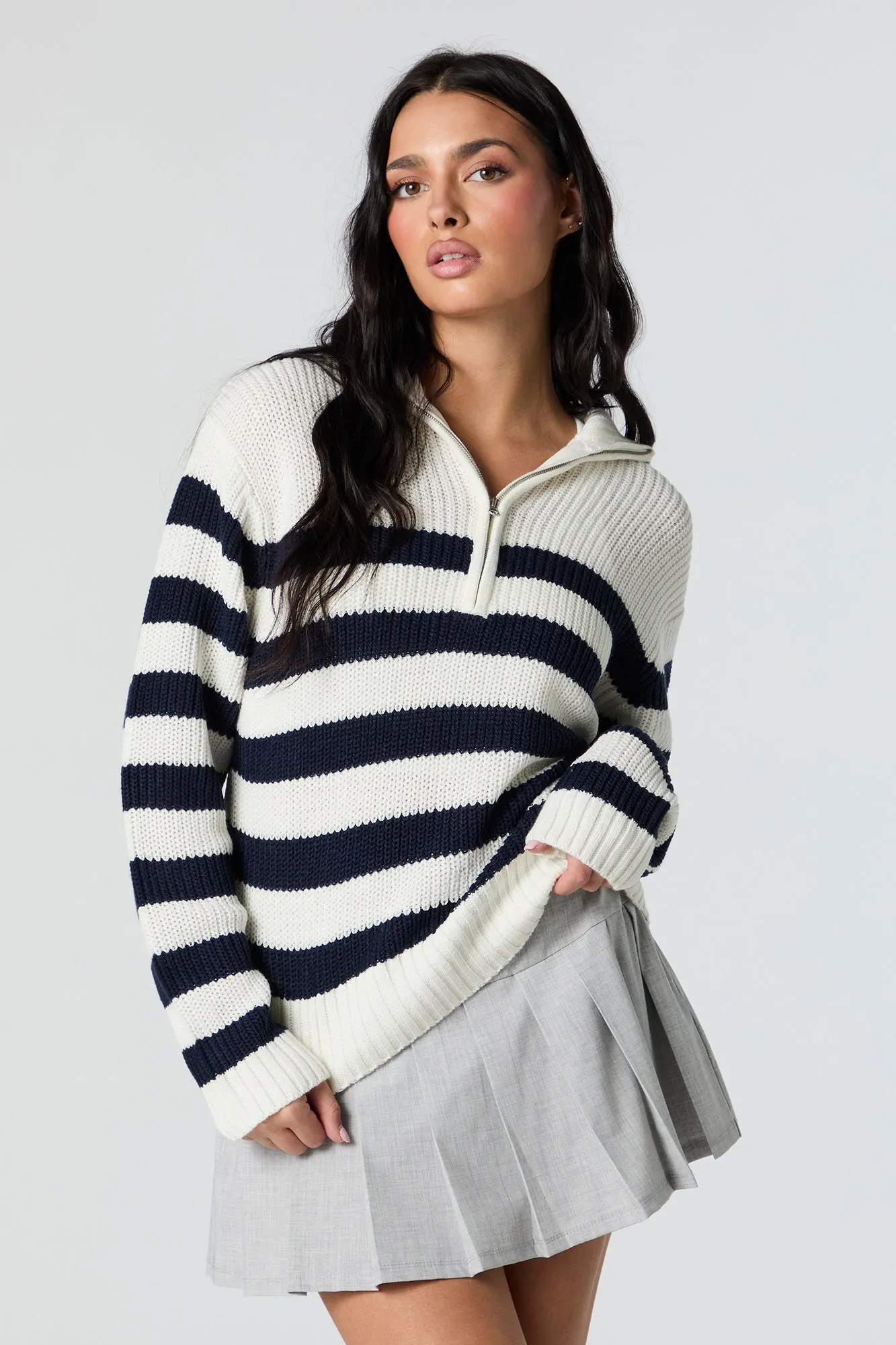 Striped Knit Quarter Zip Sweater sold by Urban Planet