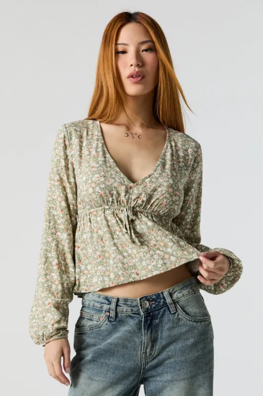 Green Floral Long Sleeve Peplum Top sold by Urban Planet