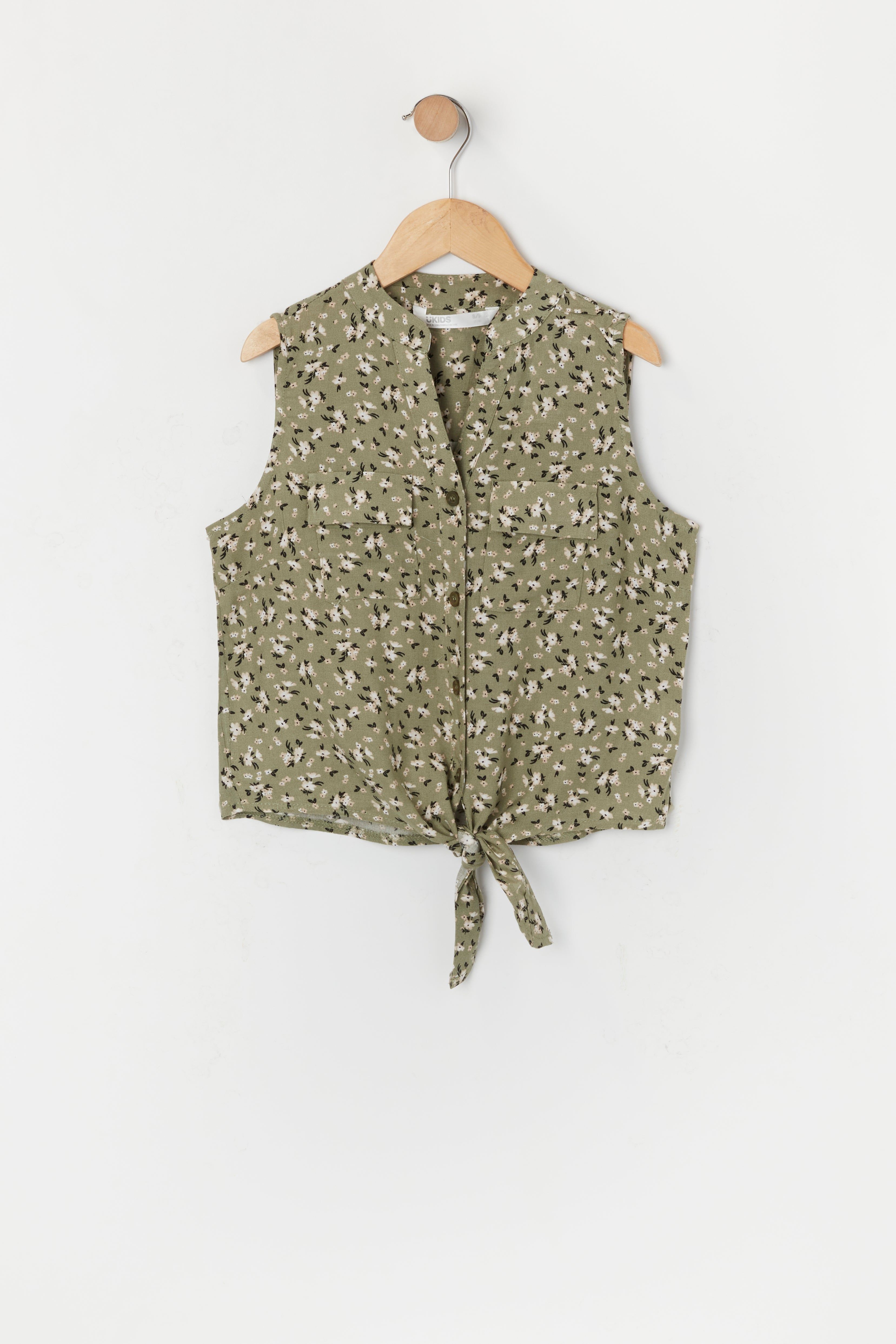 Girls Green Floral Front Tie Tank sold by Urban Planet