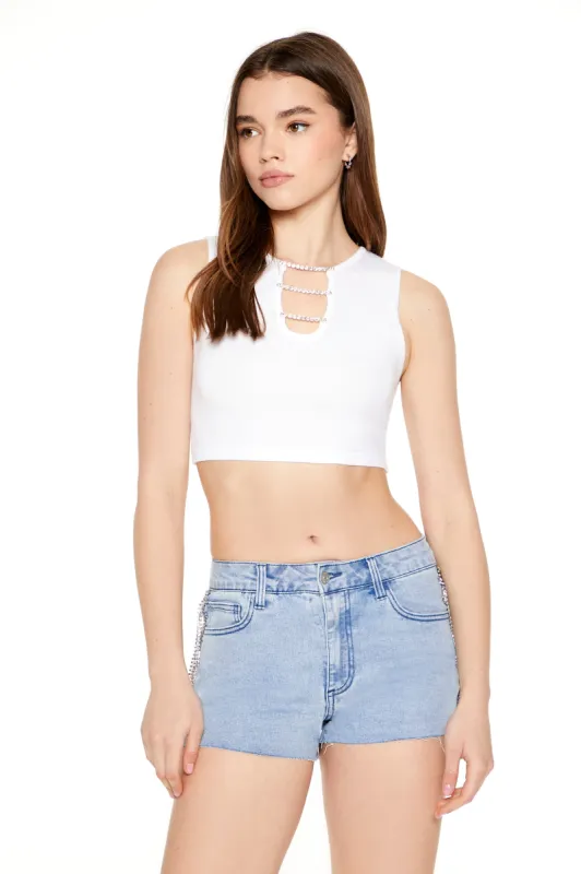 Short en denim délavé minéral avec franges et pierres du Rhin sold by Urban Planet