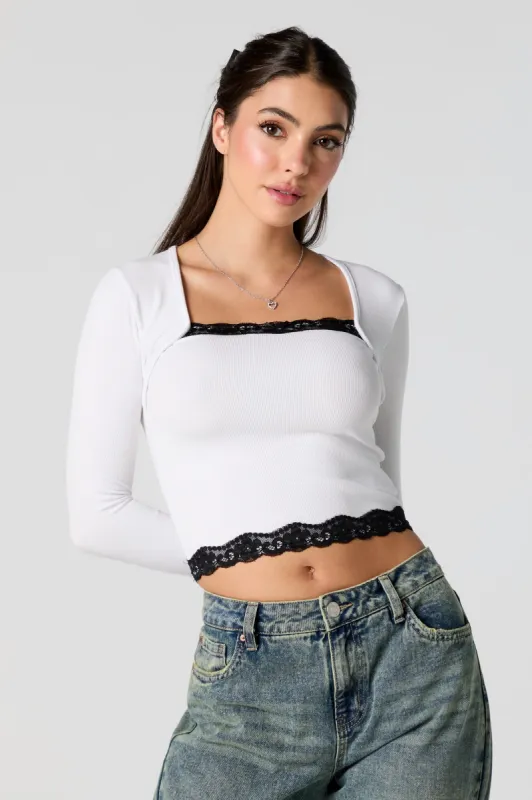 Ribbed Lace Trim Long Sleeve Top sold by Urban Planet