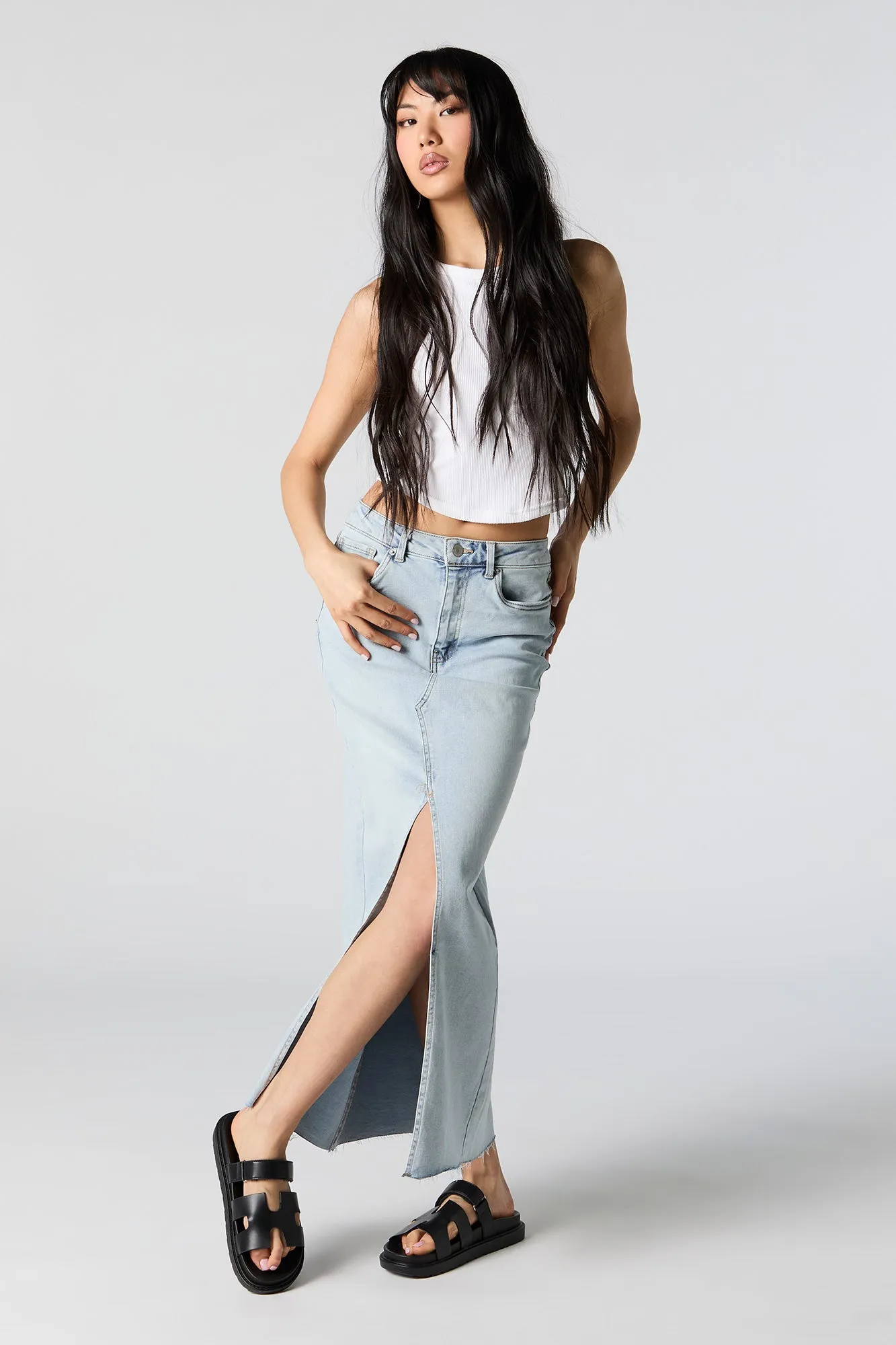 Light Wash Denim Front Slit Maxi Skirt sold by Urban Planet