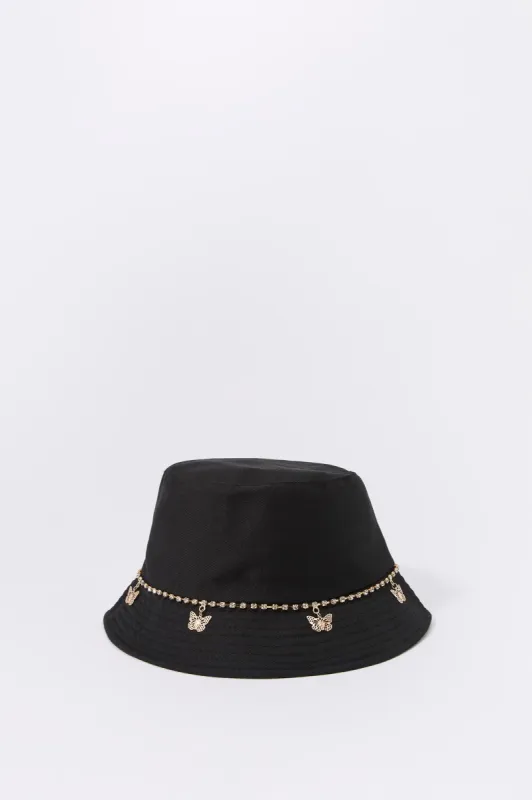 Black Butterfly Rhinestone Chain Bucket Hat sold by Urban Planet