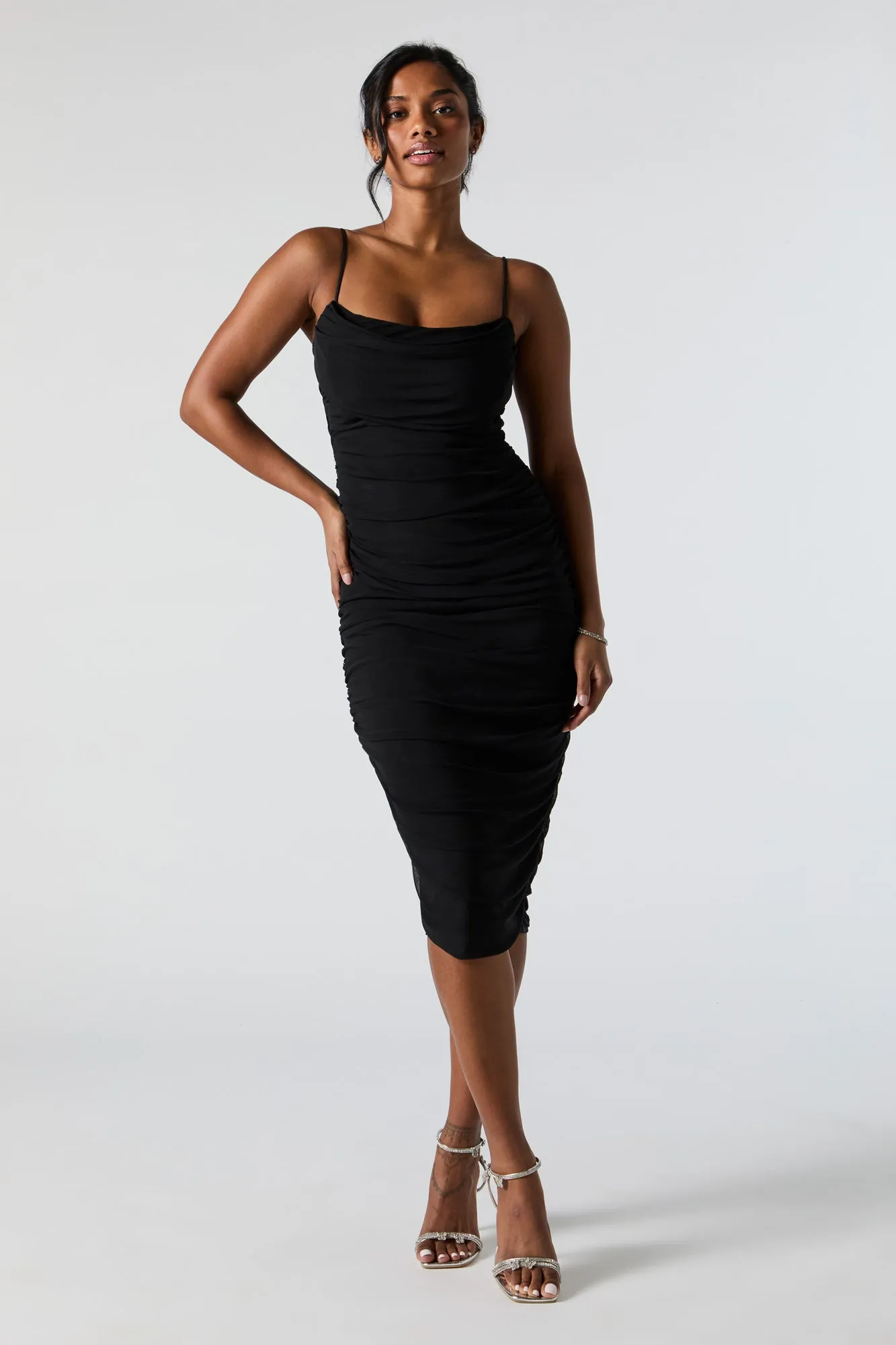 Mesh Cowl Neck Ruched Midi Dress sold by Urban Planet
