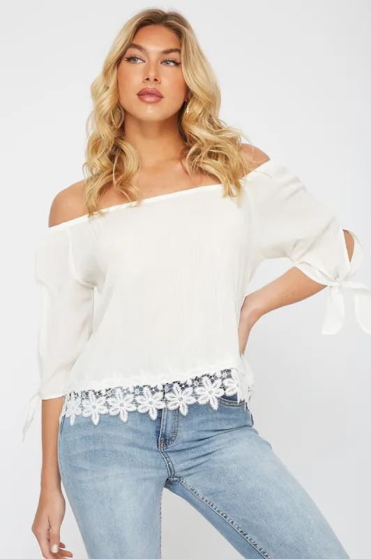 Crochet Trim Off the Shoulder Tie Sleeve Blouse sold by Urban Planet