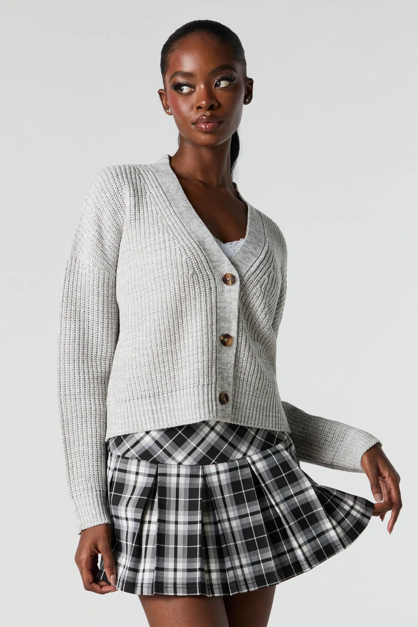 Ribbed Knit Button-Up Cardigan sold by Urban Planet