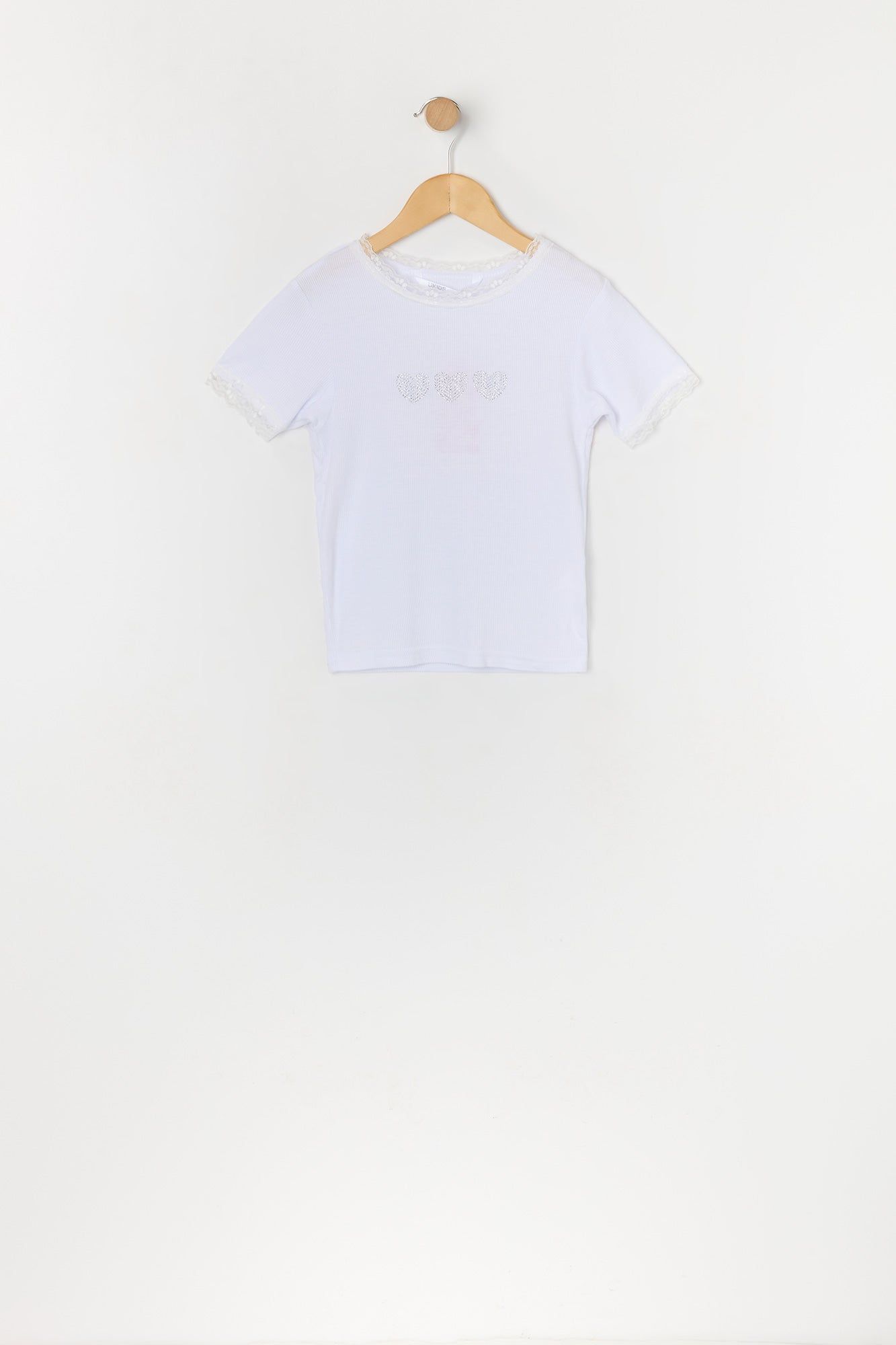 Girls Rhinestone Heart Lace Trim T-Shirt sold by Urban Planet