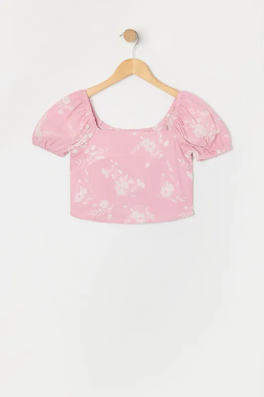 Haut en lin fleuri à manches bouffantes pour fille sold by Urban Planet