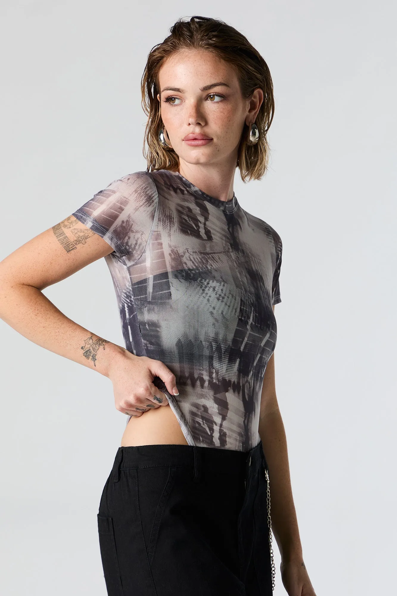 Abstract Print Mesh Short Sleeve Bodysuit sold by Urban Planet product image thumbnail 2