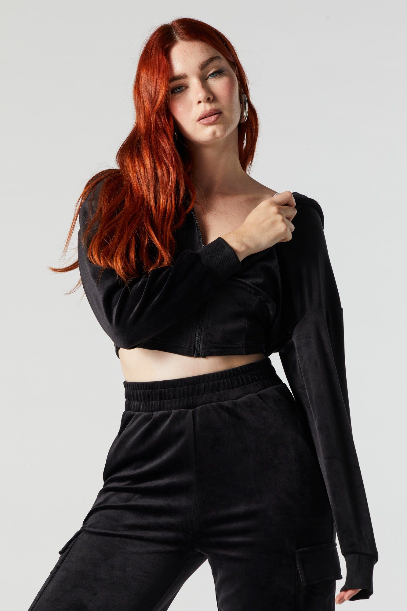 Velour Zip-Up Cropped Hoodie sold by Urban Planet product image thumbnail 4